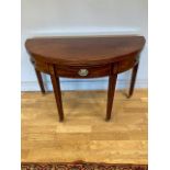 An Edwardian inlaid mahogany demiloon gate leg fold over tea table, 104 x 68 x 45.5cm.