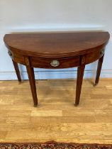 An Edwardian inlaid mahogany demiloon gate leg fold over tea table, 104 x 68 x 45.5cm.