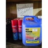 Various aerosol cans of brake cleaner and other cleaners.