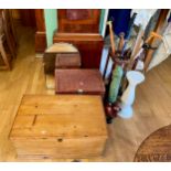 An early 20th century stripped pine blanket box, W80, D48, H36cm, together with a wicker box, a