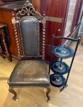 A Victorian mahogany hall chair with barley twist supports and a lacquered three tier cake stand.