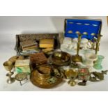 A group of brass and copper related items including wooden boxes and silver plated goblets.