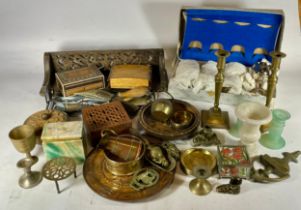 A group of brass and copper related items including wooden boxes and silver plated goblets.