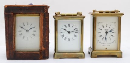 Three brass cased 8 day carriage clocks, spares or repairs.