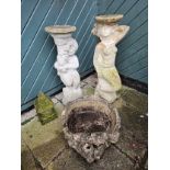 A reconstituted stone mermaid pedestal, 79cm a cherub pedestal and two other garden decorations (4)