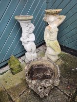 A reconstituted stone mermaid pedestal, 79cm a cherub pedestal and two other garden decorations (4)