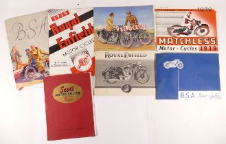 A collection of late 1930's sales brochures, Velocette, Scott, Matchless, BSA and Royal Enfield.