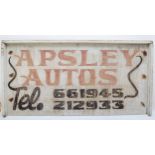 A painted wood advertising sign, Apsley Autos, 122 x 61cm