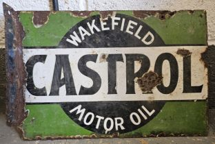 A Castrol Wakefield Motor Oil vitreous enamel double side wall mounted advertising sign, 50 x 34cm