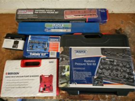 A Draper Expert radiator pressure test kit and other tools, unused
