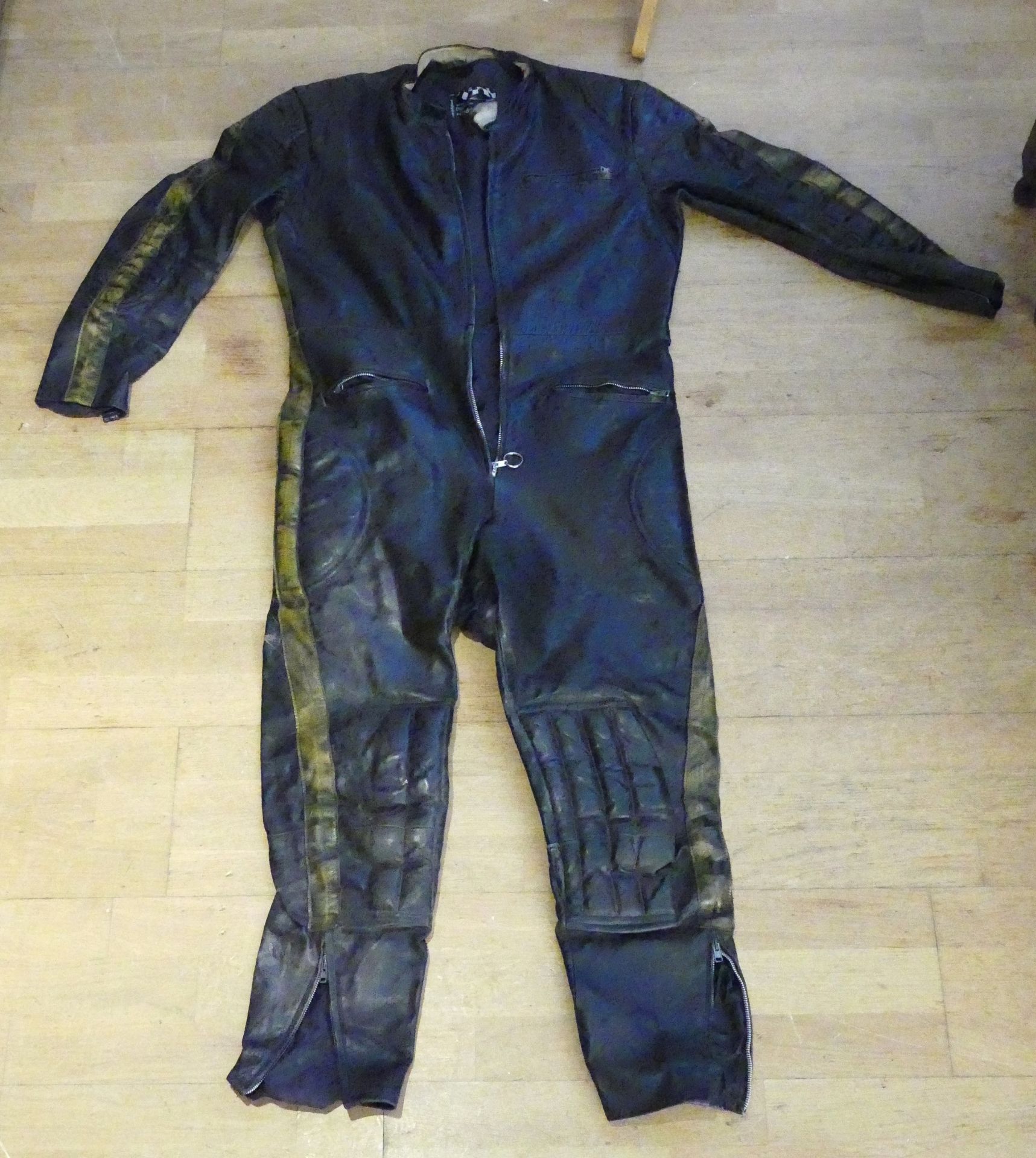 A 'Waddington' black leather set of motorcycle leathers, 143cm long
