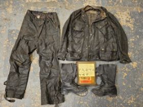 A vintage waxed Barbour jacket and trousers, size large, together with a pair of leather boots and a