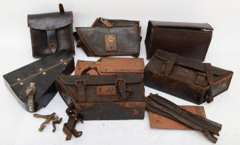 A pair of vintage metal and leather toolboxes in original condition, a leather toolbox in parts