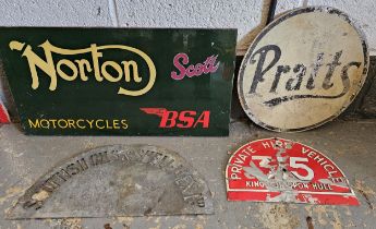 A Pratts alloy circular sign, 46cm diameter, a Scottish POils & Shell Mex alloy stencil, a