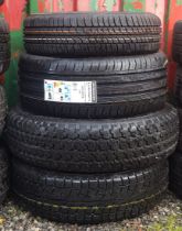 Two steel car wheels with tyres maker Firestone, size 165-70R13 together with two Bridgestone tyres.