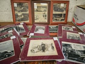 A collection of motoring prints, framed and unframed