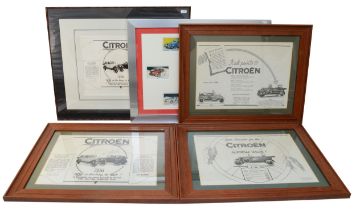 Four reproduction framed Citroen car advertising posters, together with a framed Citroen UK