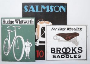 A painted MDF Salmson sign, 80 x 62, a Rudge-Whitworth sign 60 x 47cm and a Brookes Saddles sign, 50