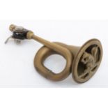 A brass motorcycle horn with squirrel motif, 17cm.