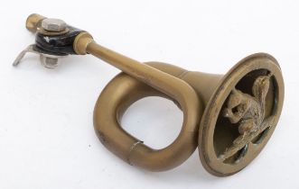 A brass motorcycle horn with squirrel motif, 17cm.