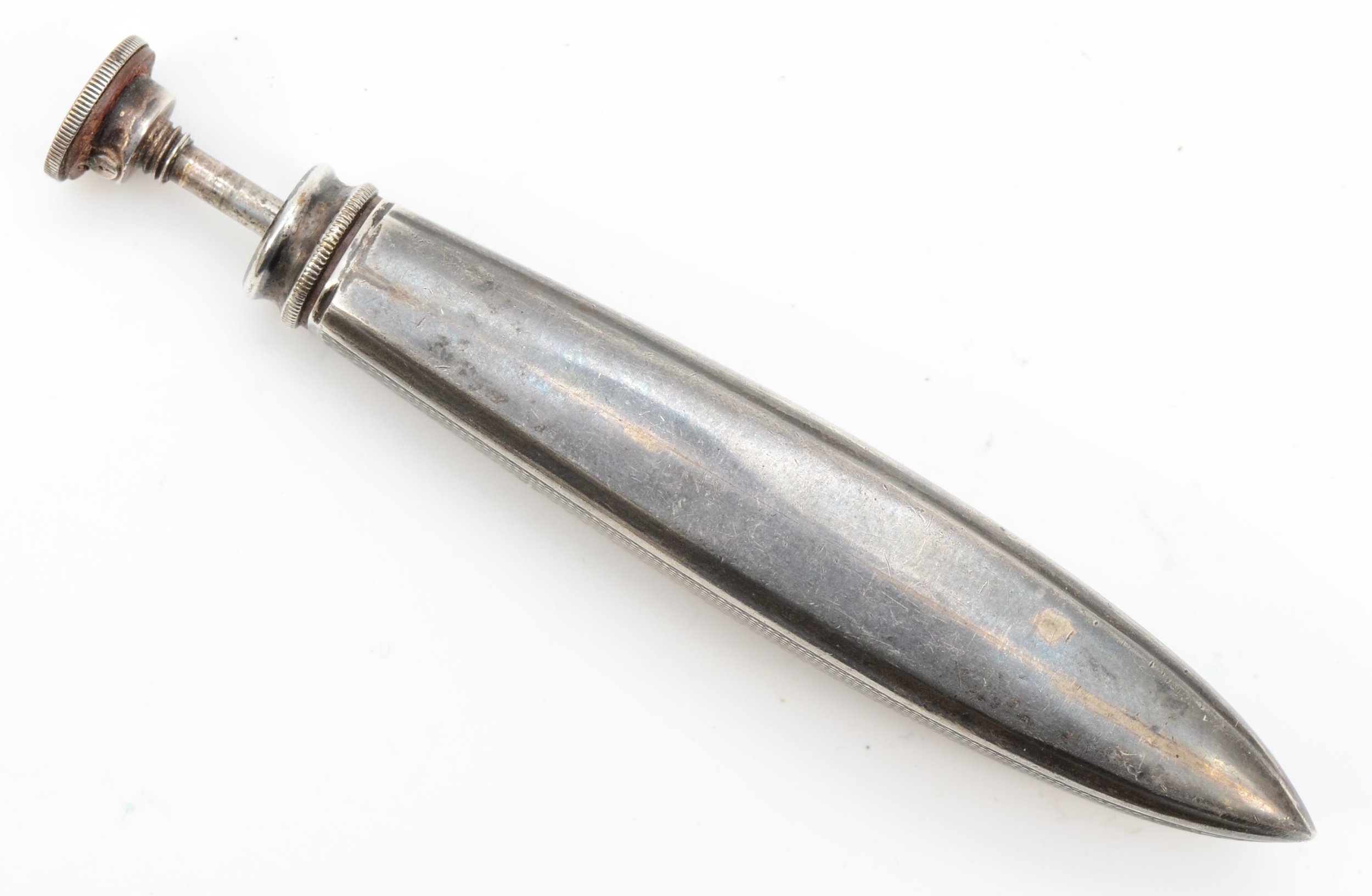 An Art Deco unmarked silver atomizer with engine turned decoration, 9.5cm, 41gm. - Image 2 of 3