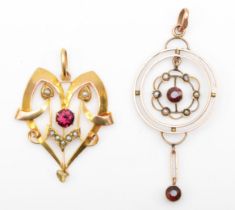 Two Edwardian 9ct gold garnet and seed pearl open work pendants, 50 x 20 mm, 33 x 25mm, 3.3gm.
