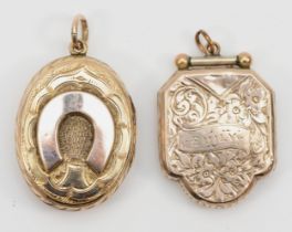 Two unmarked Victorian lockets with chase and embossed decoration, presumed gold front and backed,