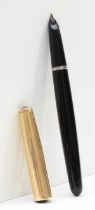 Parker, a black bodied fountain pen with 1/10 12ct rolled gold lid, 13.5cm.