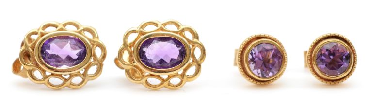 A pair of 9ct gold amethyst ear studs, 7mm, and another pair of unmarked gold amethyst studs with