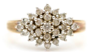 A 9ct gold brilliant cut diamond cluster ring, O, 3gm, stamped D0.50.