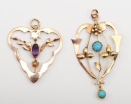 An Edwardian 9ct gold turquoise open work pendant, 40 x 25mm, together with another gold example,