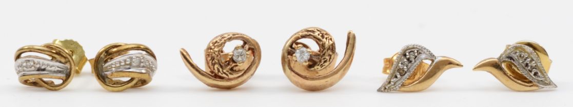 Three pairs of 9ct gold and diamond ear studs, 3.6gm.