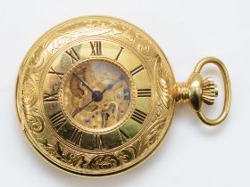 Roamer, a gold plated keyless wind half hunter pocket watch, with engraved case, 46mm.