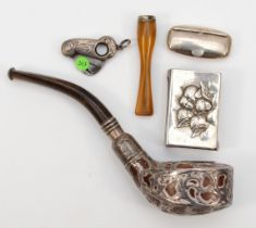 A silver and root wood pipe in the form of a Golf club, maker, Lion Passant and London marks only,