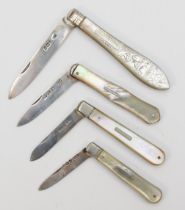 Four silver bladed fruit knives with mother of pearl handles, Sheffield 1901, 1911, 1939,