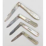 Four silver bladed fruit knives with mother of pearl handles, Sheffield 1901, 1911, 1939,