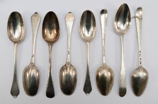 A pair of George III Irish silver serving spoons, Dublin 1760, John Pittar, with three Britannia
