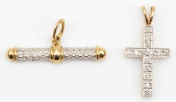 A 9ct gold brilliant cut diamond cross pendant, 23 x 11mm, and a 9ct gold and diamond t-bar, 2.3gm.