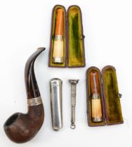 An Irish silver collared briar pipe, Peterson, a silver cheroot holder, Birmingham 1904, 17gm,
