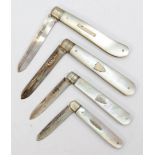 Four silver bladed fruit knives with mother of pearl handles, Sheffield 1903, 1909, 1919, 1920.