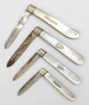Four silver bladed fruit knives with mother of pearl handles, Sheffield 1903, 1909, 1919, 1920.