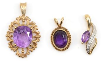 Two 9ct gold oval shaped amethyst pendants, 23mm, and a 9k amethyst and diamond pendant, 3.8gm.