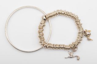 Links of London, a silver charm bracelet with two bird charms, and a unmarked silver bangle, 63mm,