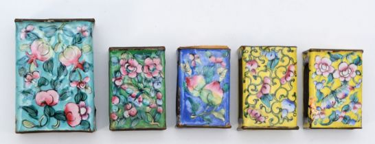 Five Chinese enameled floral match box covers, largest 60 x 40 x 20mm.