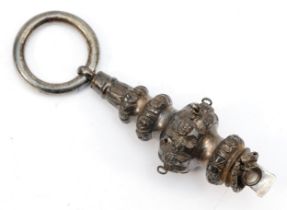 A Victorian silver baby rattle and whistle, 13.5cm, Birmingham 1879, 46gm.