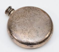 A silver circular hip flask, Sheffield 2003, inscribed, 8.5cm, 128gm.