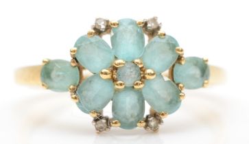 A 9ct gold blue stone and diamond cluster ring, O-P, 2.1gm.