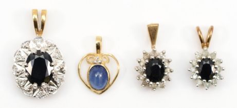 a 9ct gold sapphire cluster pendant, 18 x 10mm, 1.6gm, and three others.