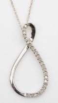 A 9ct white gold and diamond infinity pendant on chain, 20 x 10mm, 1.1gm