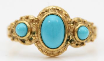A 9ct gold synthetic turquoise three stone dress ring, M, 2.1gm.